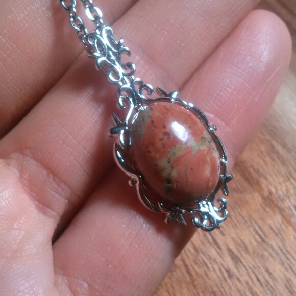 Unakite Silvertone Pendant Stainless Steel Necklace - Picture 8 of 12